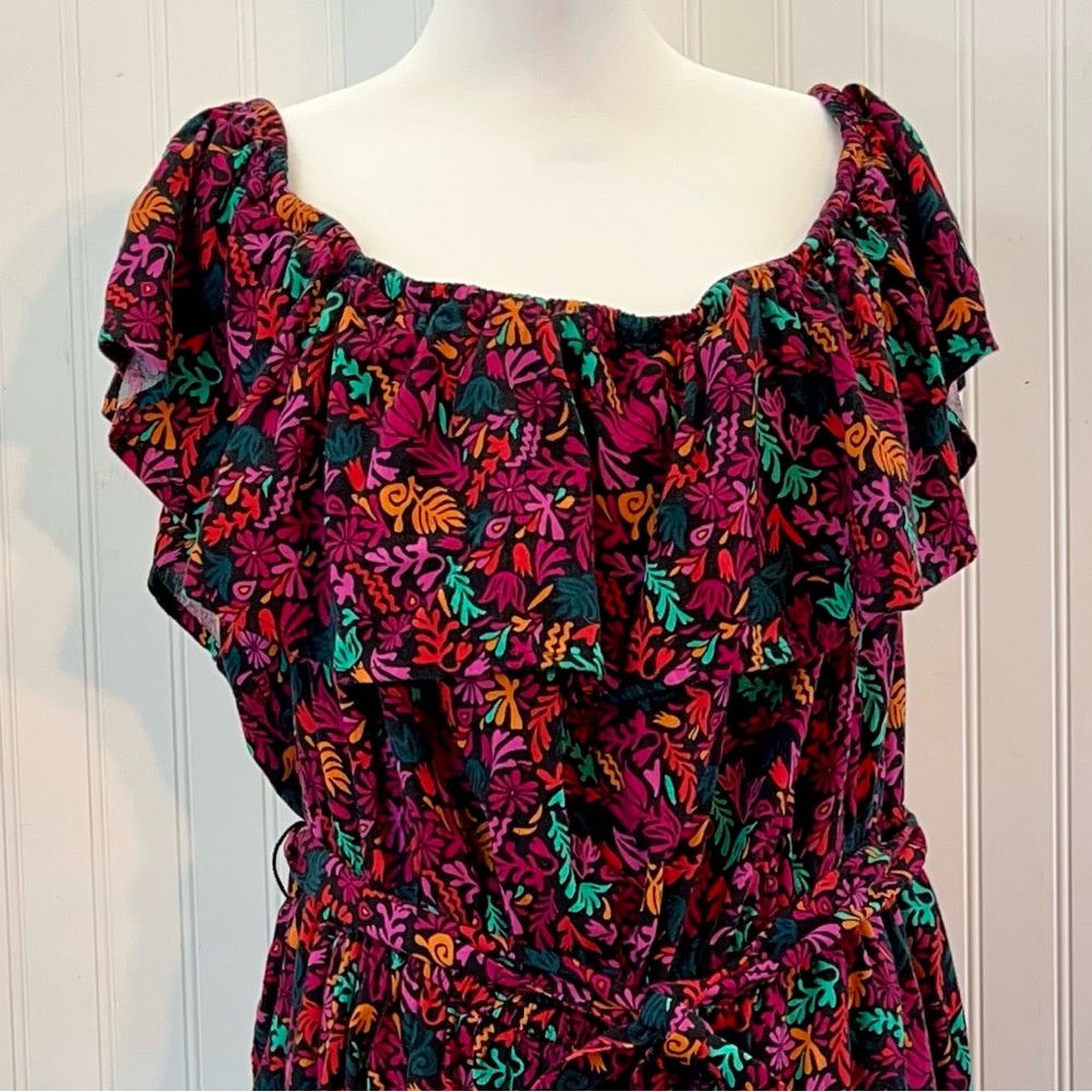 Ava & Viv Relaxed Ruffle Flounce Pink Black Floral Linen Blend Jumpsuit Plus 3X